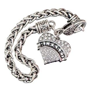 Silver Plated Heart Bracelet Engraved Blessed Charm Dangle Braided Rope Chain